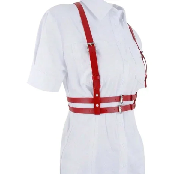 Women Plus Size Gothic Style Red PU Leather Sexy Harness Waist Belt - Picture 4 of 4